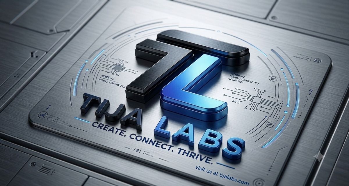 Tija Labs brand banner with metallic TL logo and create connect thrive tagline